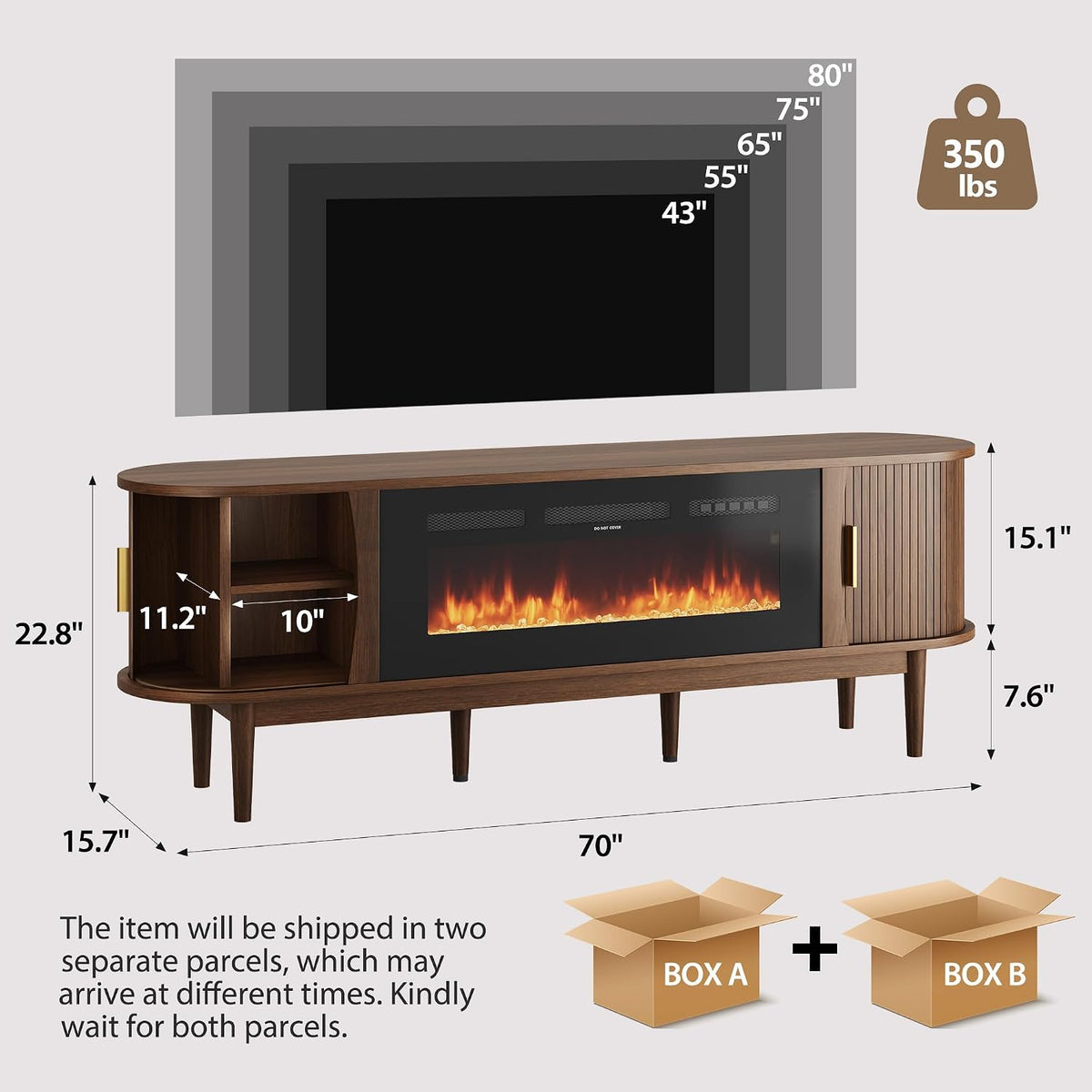 Graphic showing the 70" console width, clearance dimensions and compatibility with TVs up to 80 inches
