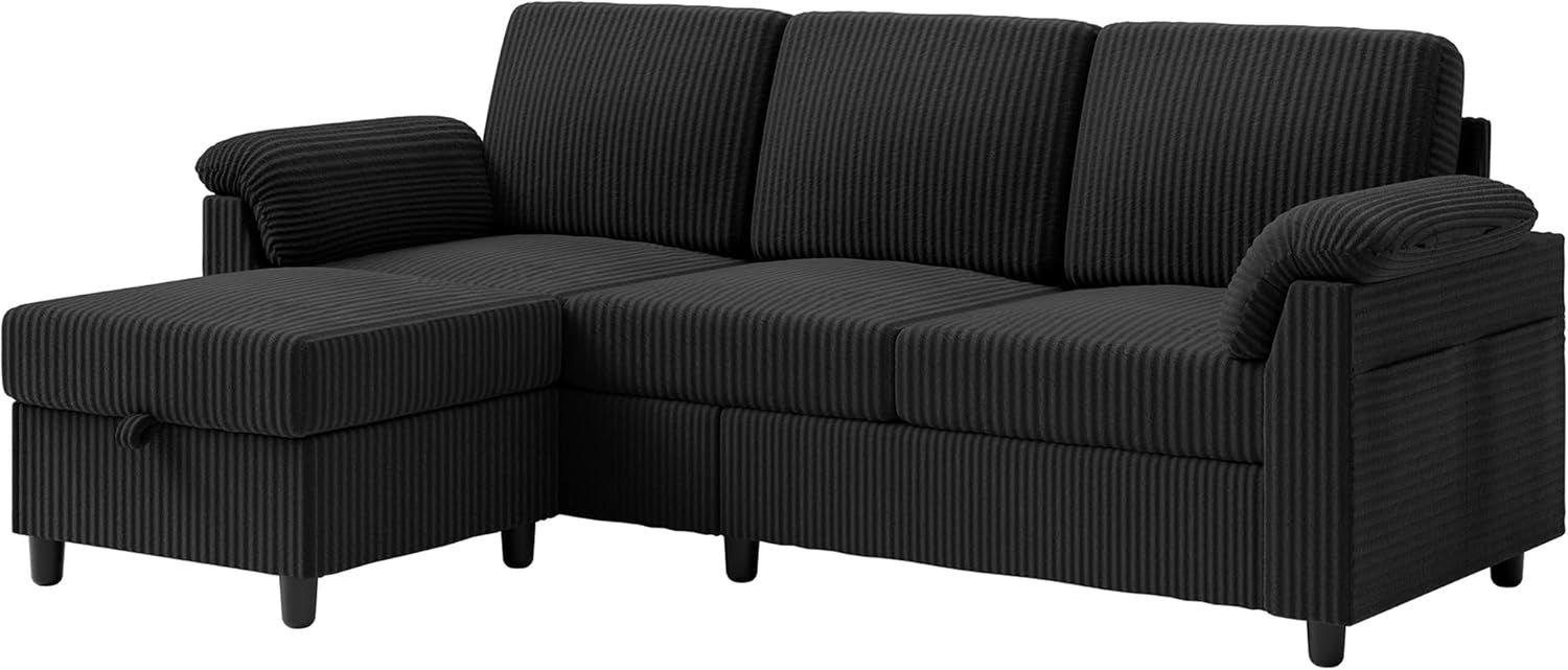 Convertible Sectional Couches, 3 Seat L Shaped Couch Sofa with Removable Pillows Soft Corduroy Fabric Small Couch Mid Century for Living Room, Apartment and Office (Black)