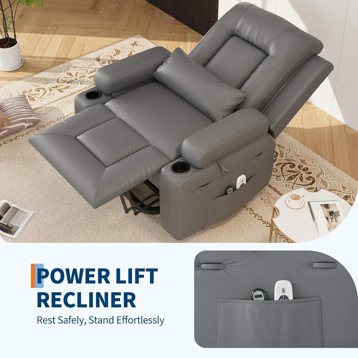 Overhead view of the grey recliner fully extended into a footrest position in a living room setting.
