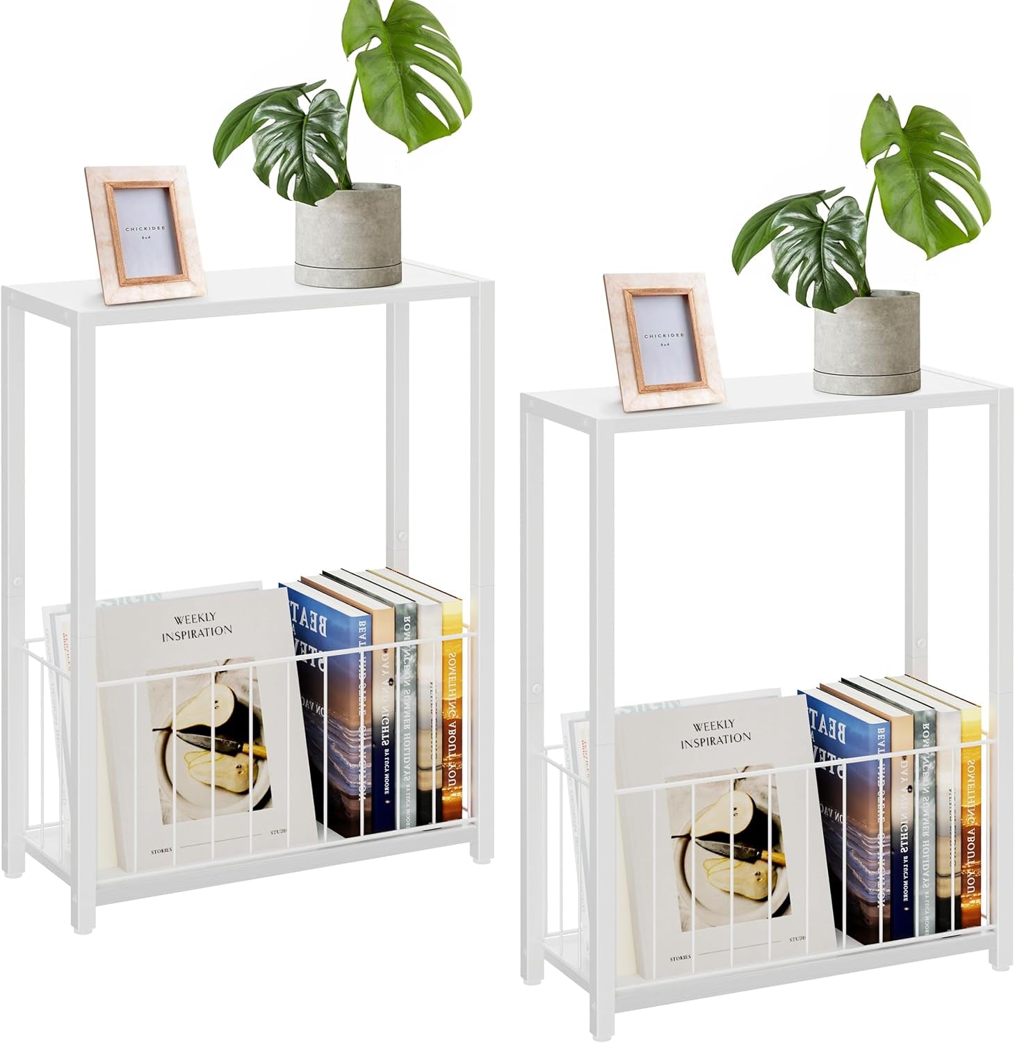 Two white side tables with lower wire baskets holding books, each styled with a plant and a photo frame