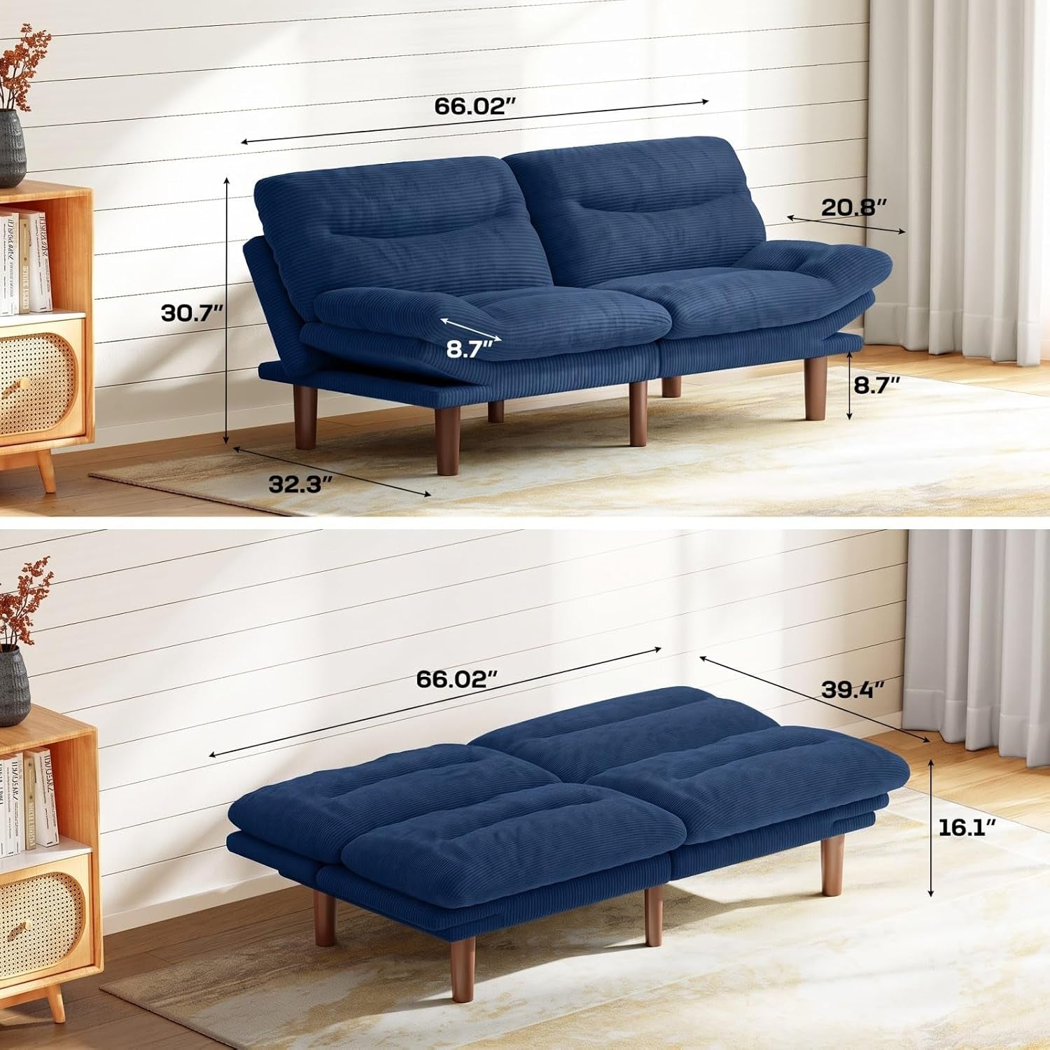 66.02" Futon Sofa Bed, Convertible Corduroy Futon Couch with Adjustable Backrest & Armrests, Small Sleeper Sofa Loveseat for Living Room, Apartment, Blue