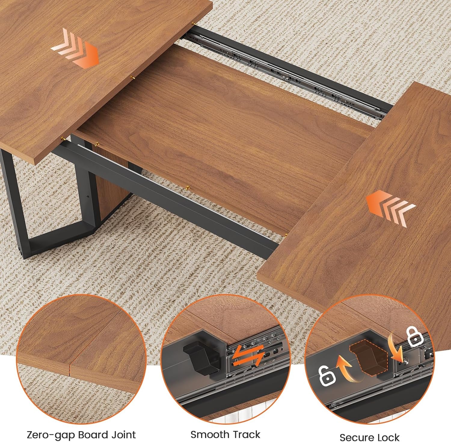 Close-up of the brown tabletop extension leaf, sliding track, board joint, and locking latch.