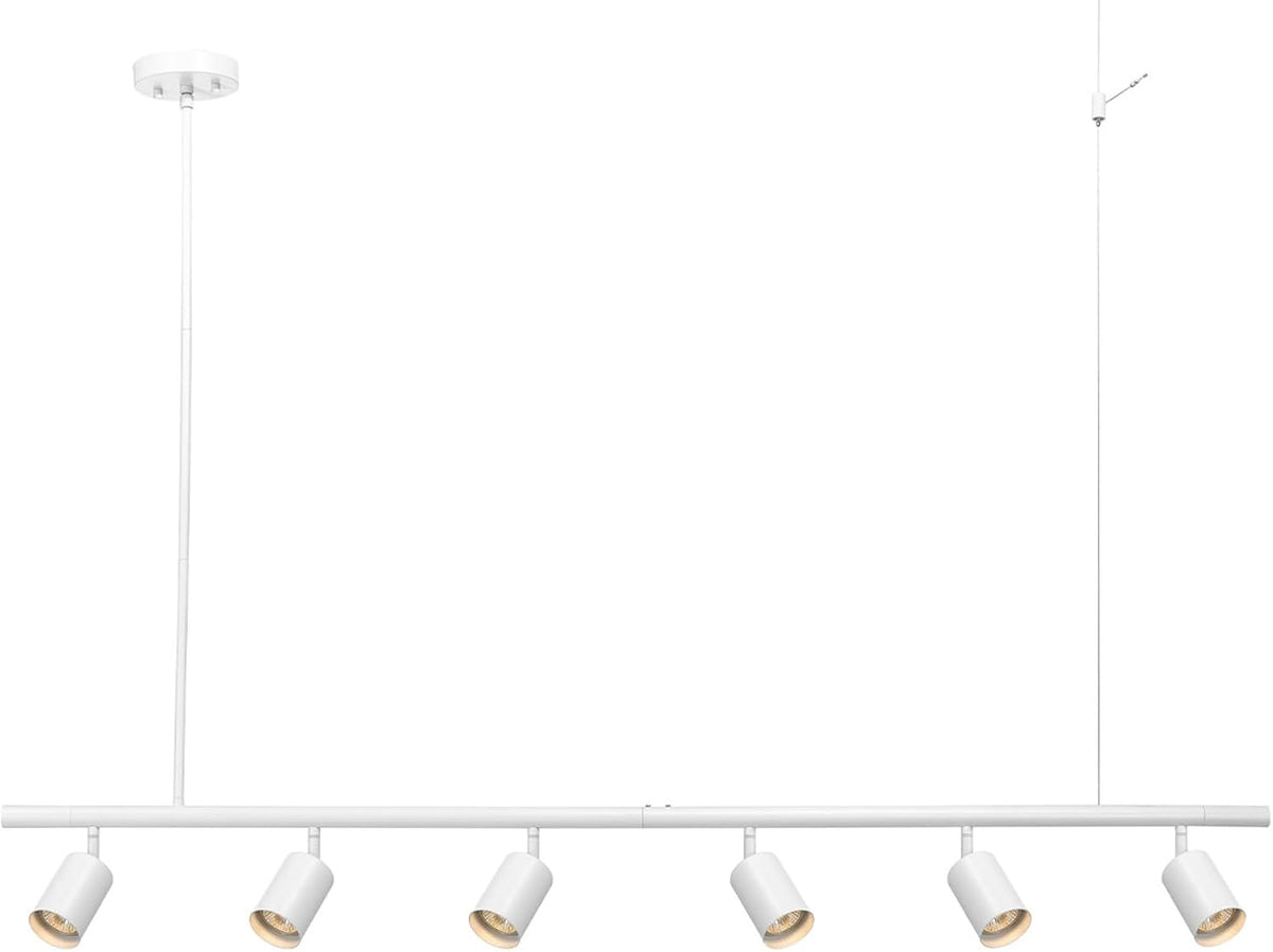 Long white track light suspended from a ceiling plate with six angled white cylindrical spotlight heads.