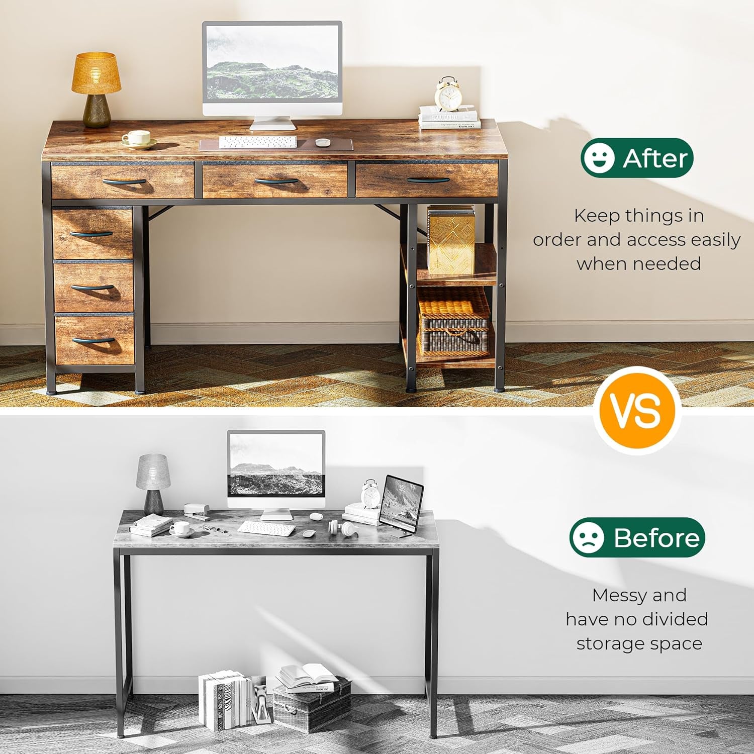 Styled room image showing the desk tidy against a wall with drawers and open shelving for storage