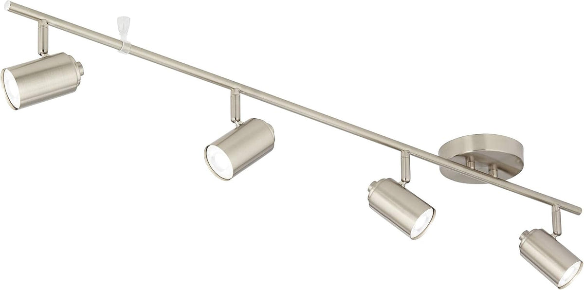 Brushed nickel 4-light track fixture isolated on white background, angled view