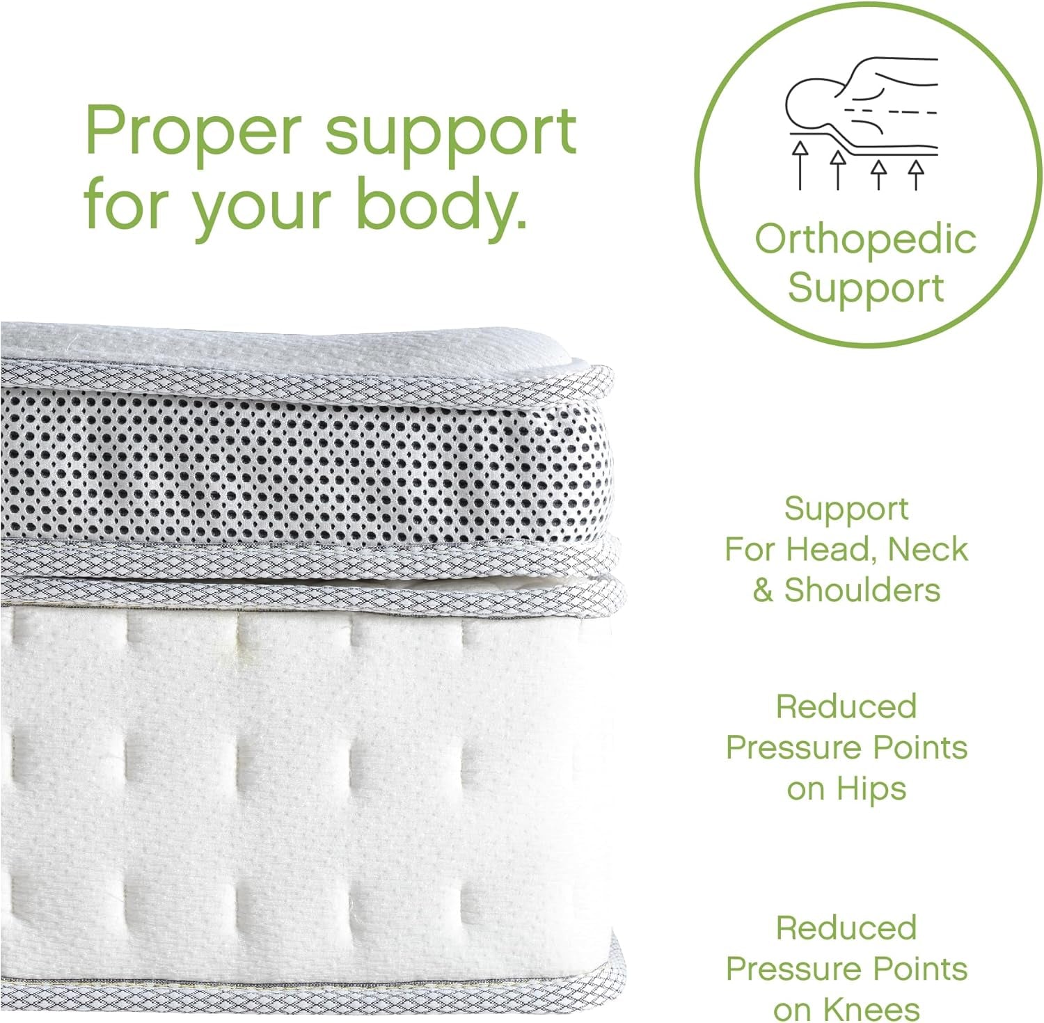 Close-up side view of pillow-top layers and quilted cover showing breathable knit edge and pillow-top profile