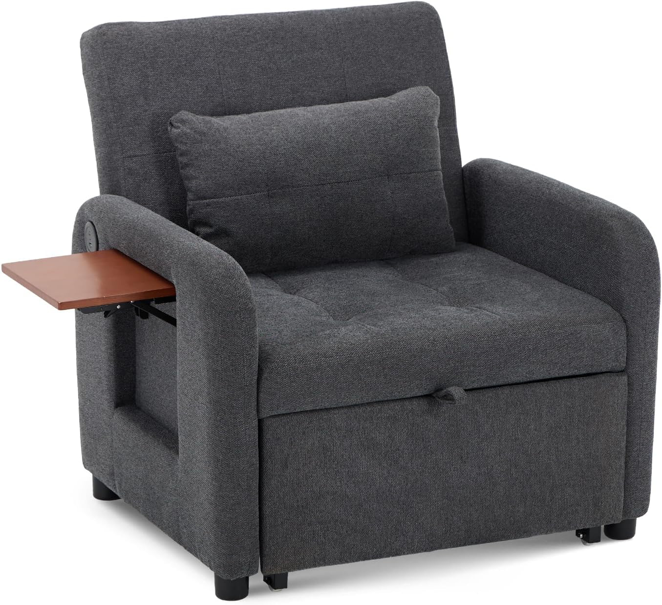 Clean white-background front-right view of the folded dark grey chair highlighting tufted seat and rounded arm silhouette.