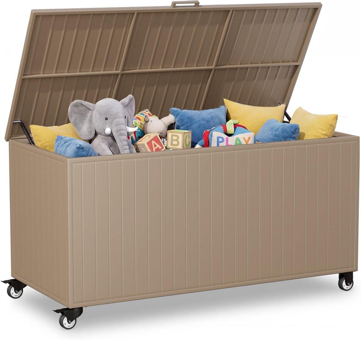Beige outdoor storage box on casters with lid open showing pillows, toys and an elephant plush