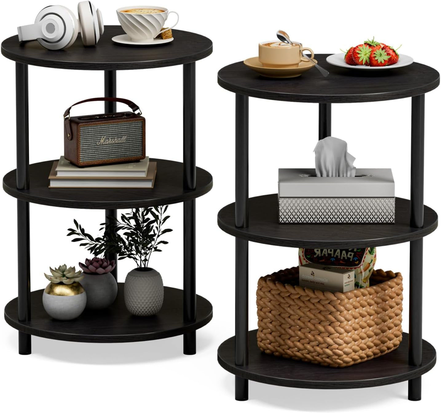 Two three-tier round side tables with dark wood tops and black legs, styled with cups, a tissue box and a woven basket.