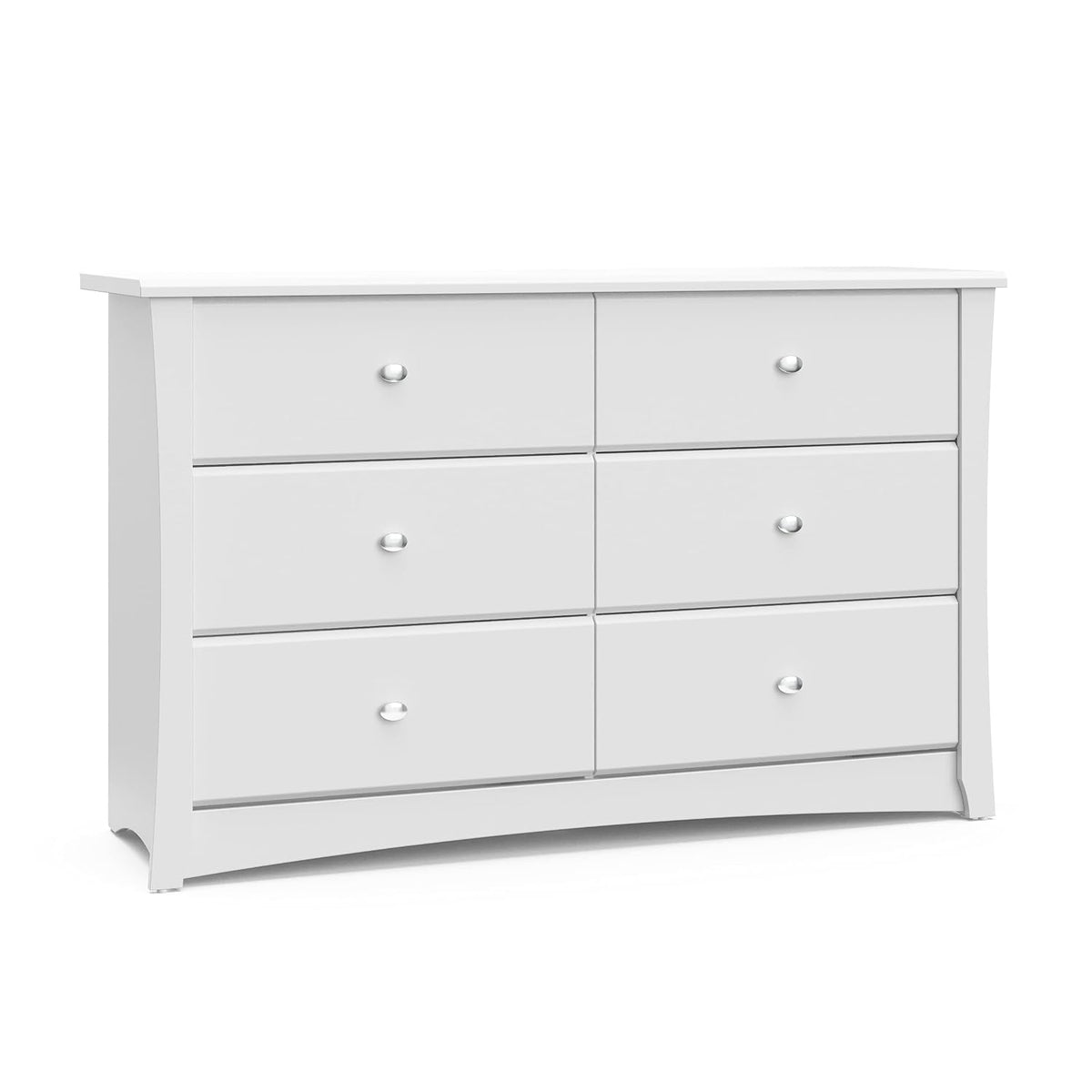 Cropped front view of a white 6-drawer dresser showing oval metal knobs and curved base on a white background