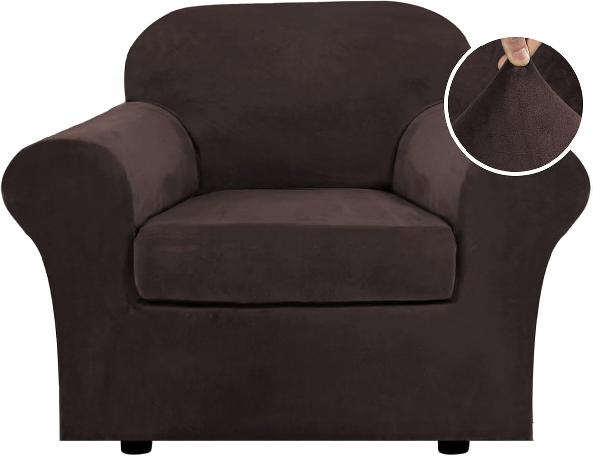 Front view of a single-seat armchair covered in dark brown stretch velvet with inset showing fabric pinch.