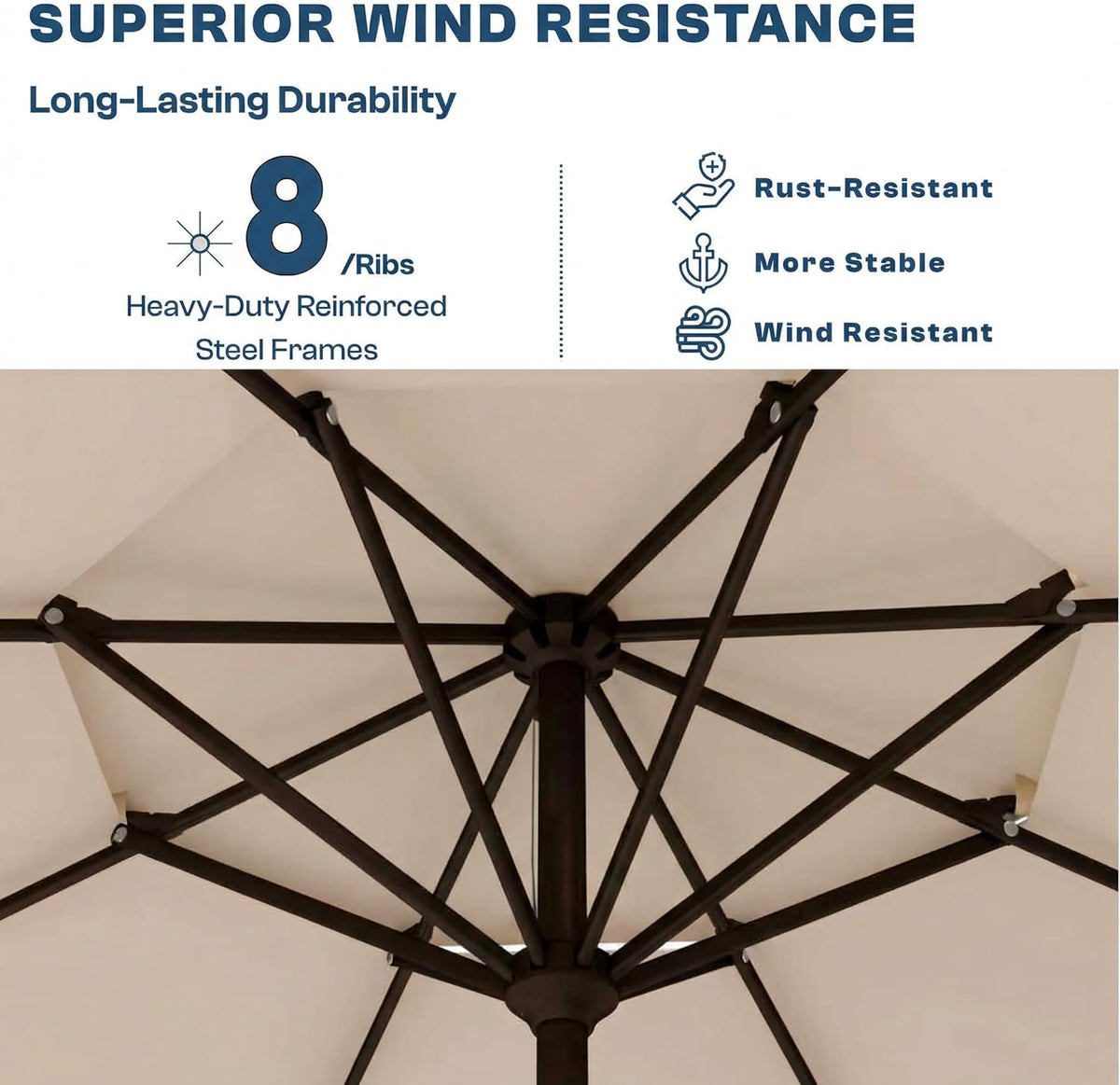 Underside view of umbrella showing eight reinforced iron ribs and the central hub