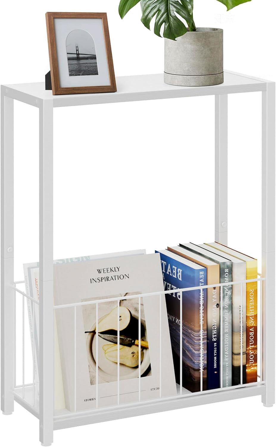 White-framed narrow side table with white top and lower wire basket holding books and magazine