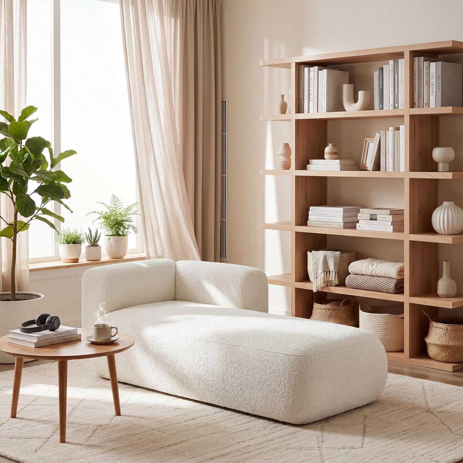 Cream boucle chaise lounge in a styled living room with wooden bookshelf and round coffee table