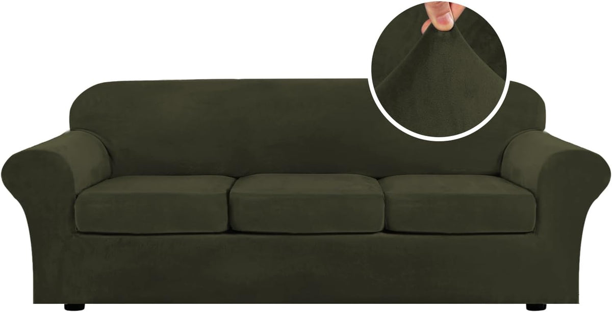 Three-cushion sofa shown front-on in deep olive green velvet with a circular close-up of pinched fabric.