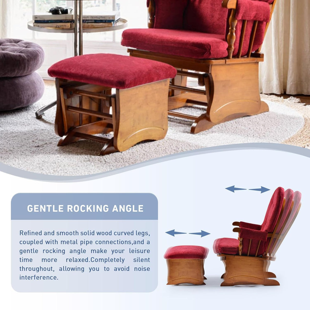 Chair and matching ottoman in a living room on a rug, both with red cushions and wooden bases.