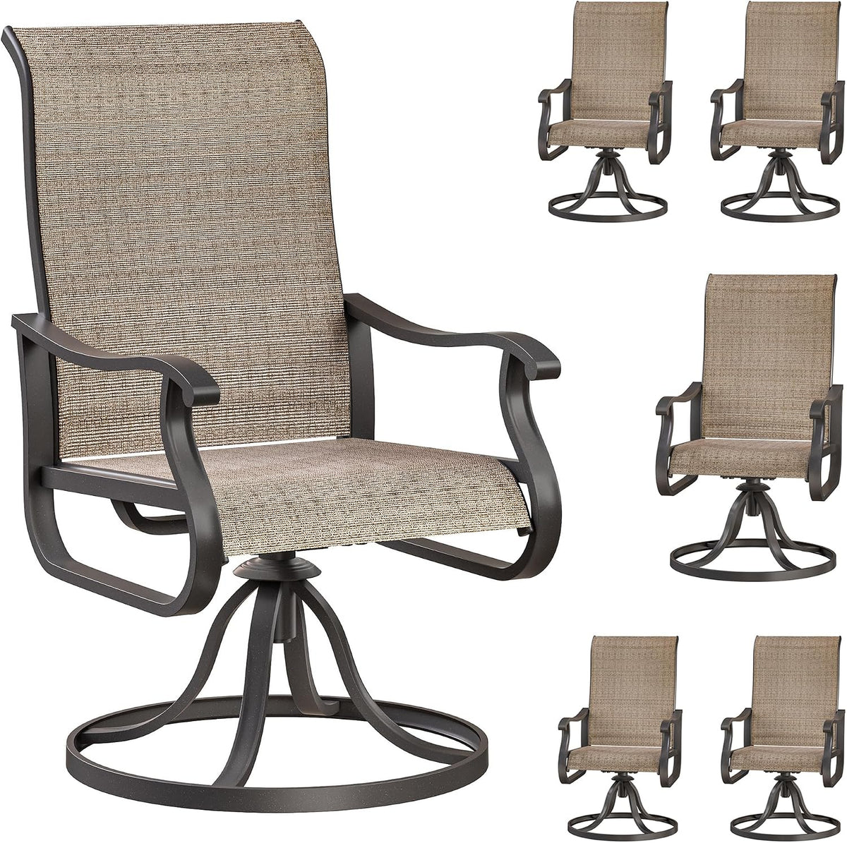 Single swivel outdoor chair in brown woven fabric with metal rocker base, plus smaller inset views