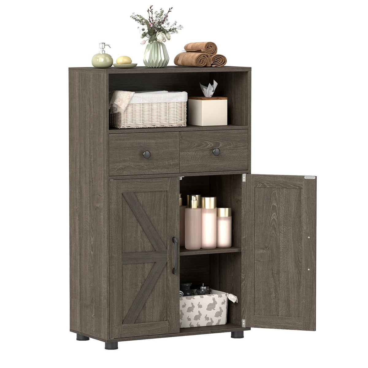 Cabinet with one lower door open, revealing interior shelves and stored items.