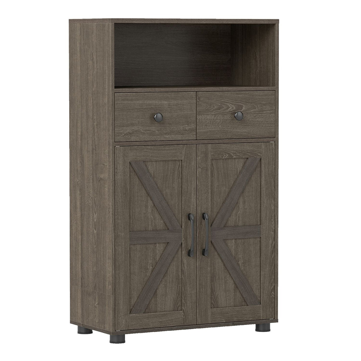 Freestanding dark wood cabinet with an open upper shelf, two drawers, and closed lower doors.