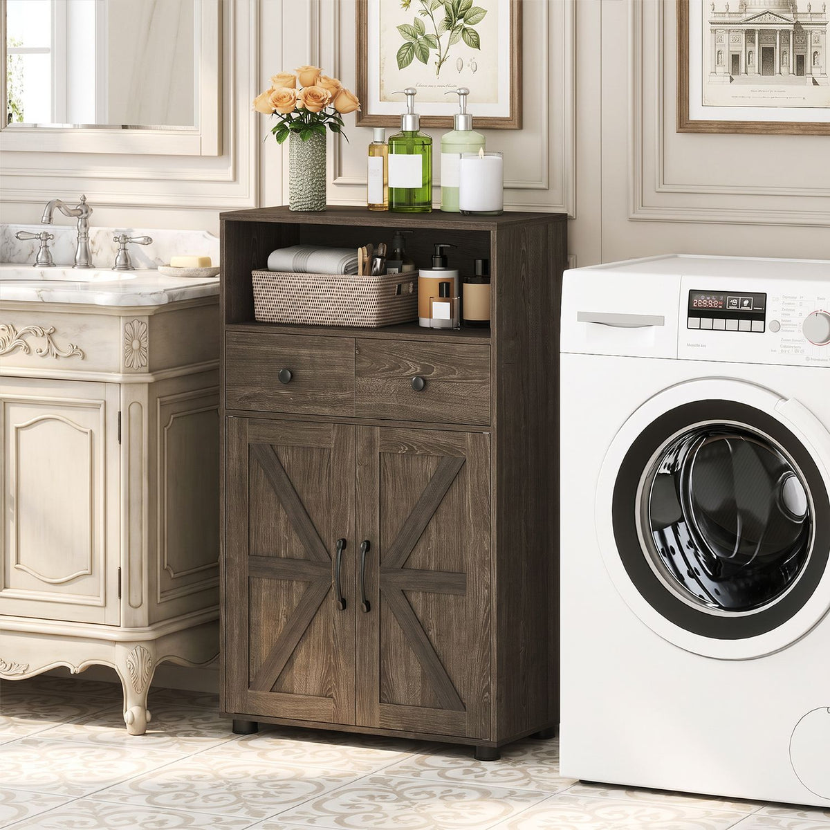 Dark wood cabinet beside a washing machine, showing its open shelf, two drawers, and paneled doors.