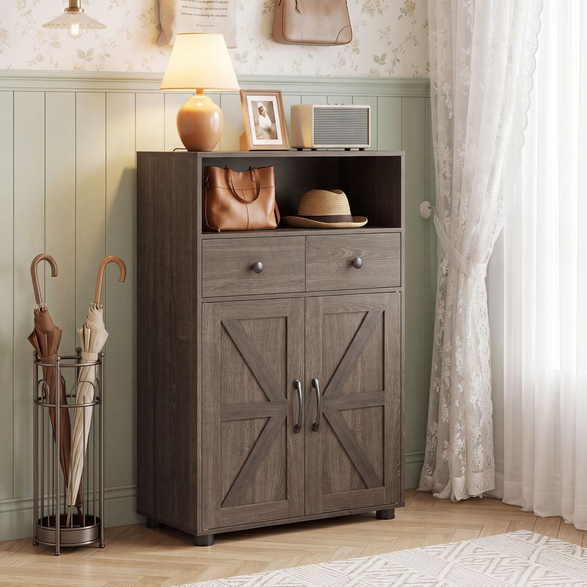 Dark wood cabinet with two drawers and paneled doors styled in a bright room.