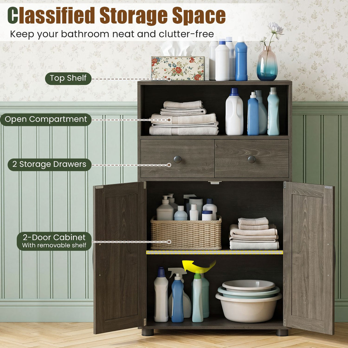 Cabinet doors open to show shelves, two drawers, towels, baskets, and bottles.