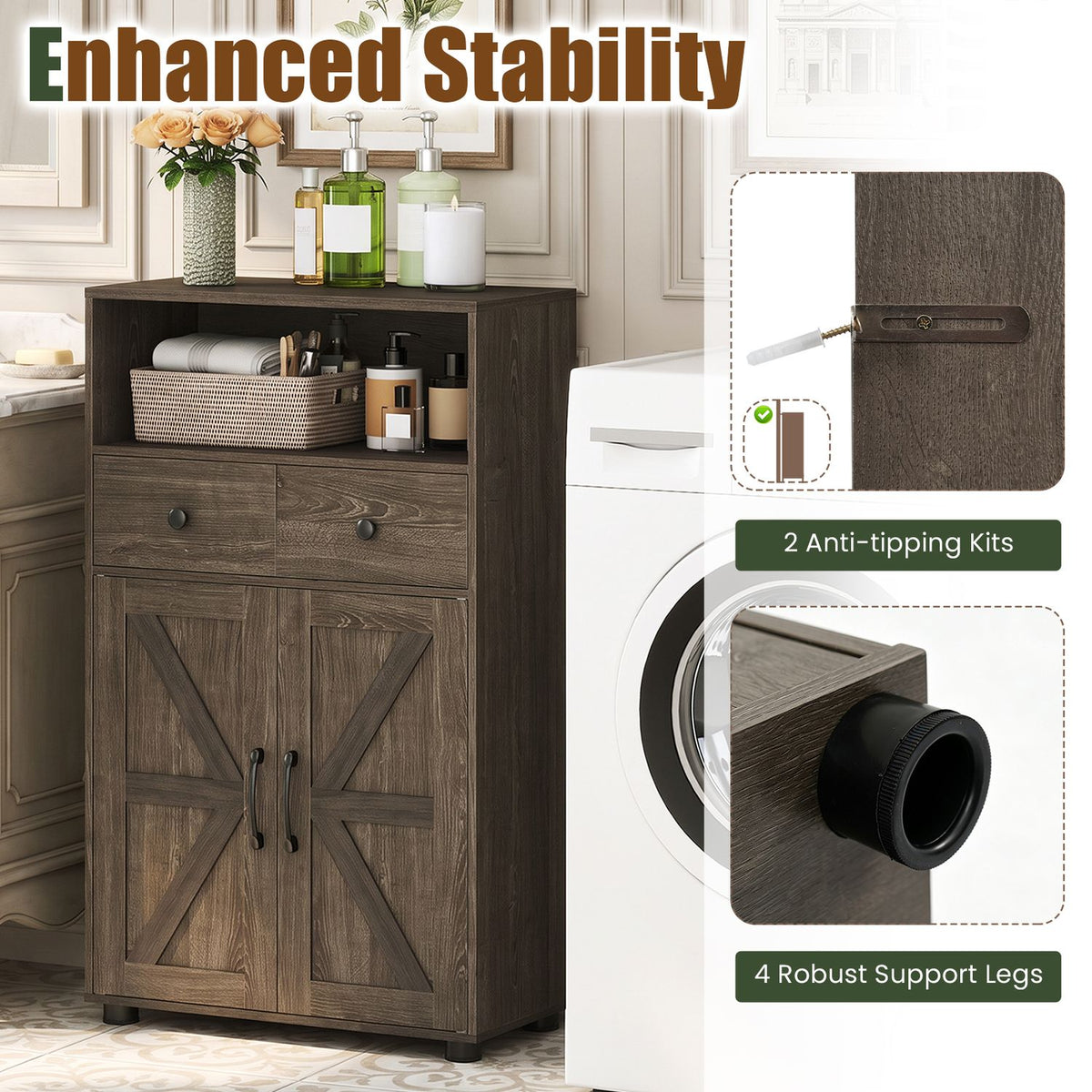 Cabinet beside a washer, with inset close-ups of a wall strap and a support leg.