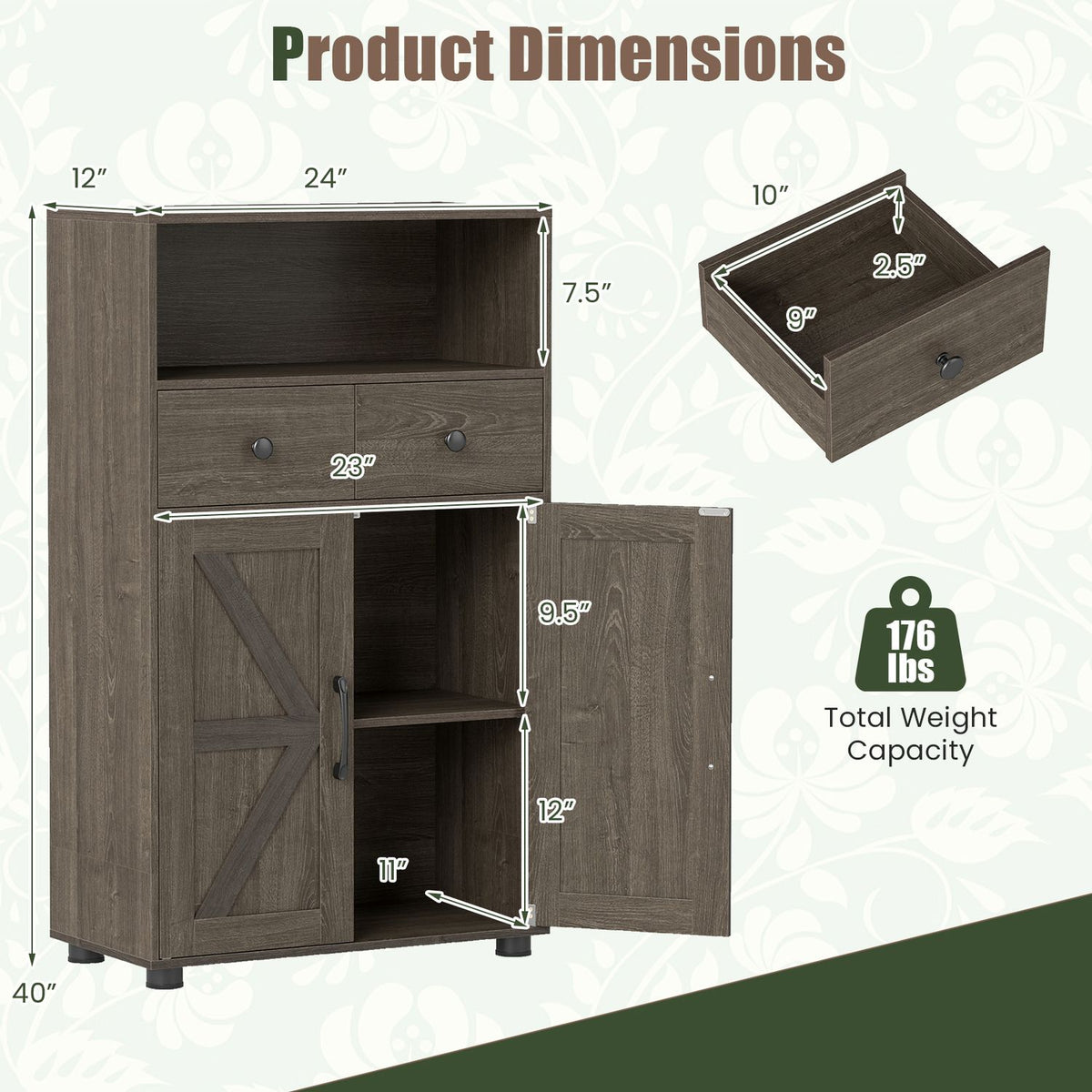Cabinet diagram with dimension arrows and a separate view of one drawer.
