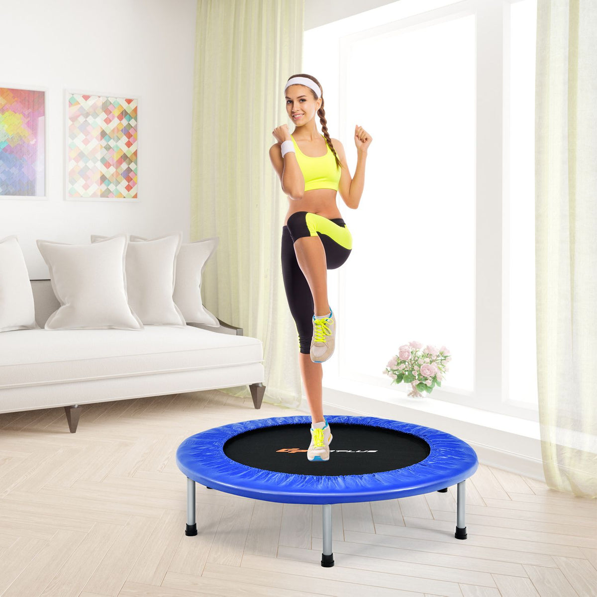40" Foldable Fitness Trampoline with Safety Pad for Adults and Kids, Blue