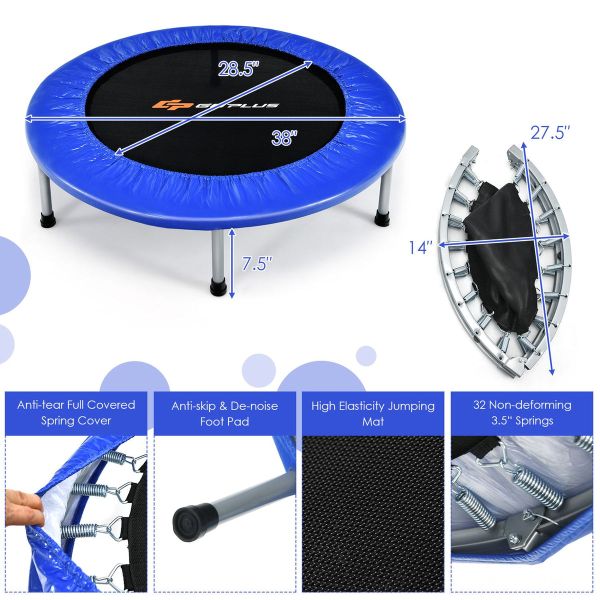40" Foldable Fitness Trampoline with Safety Pad for Adults and Kids, Blue