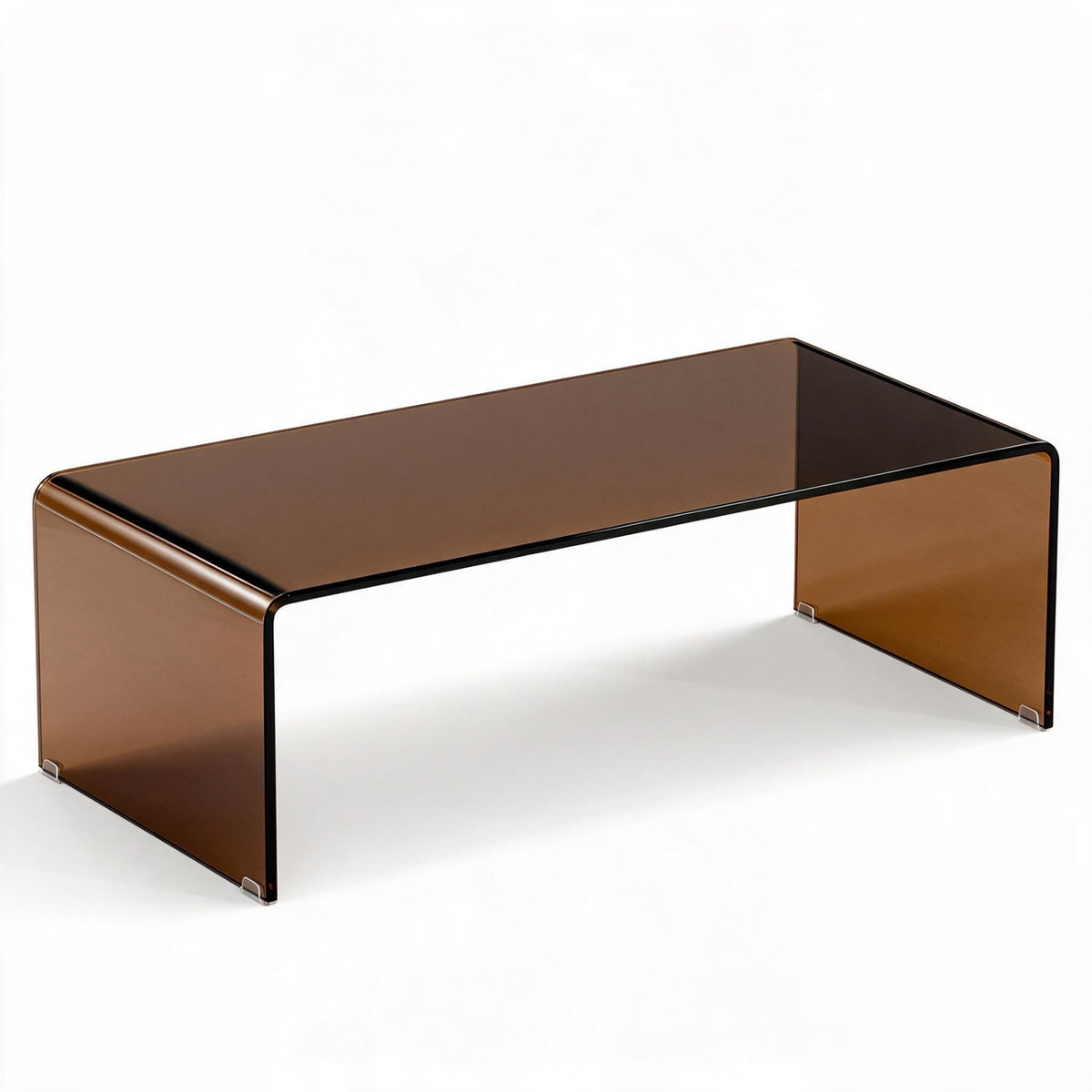 Unadorned dark glass coffee table with curved sides and rounded edges against a white background.