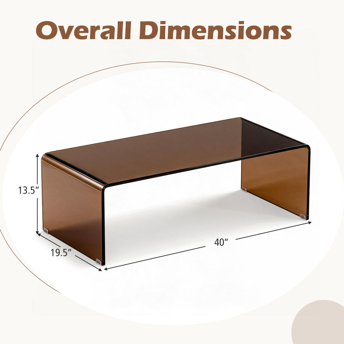 Dark brown glass coffee table shown with arrows marking its height, depth, and length.