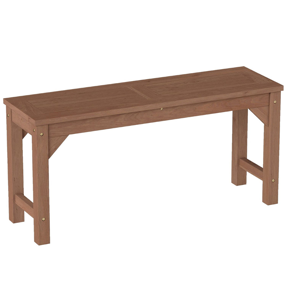 Brown backless bench shown alone on a white background from a slightly elevated angle.