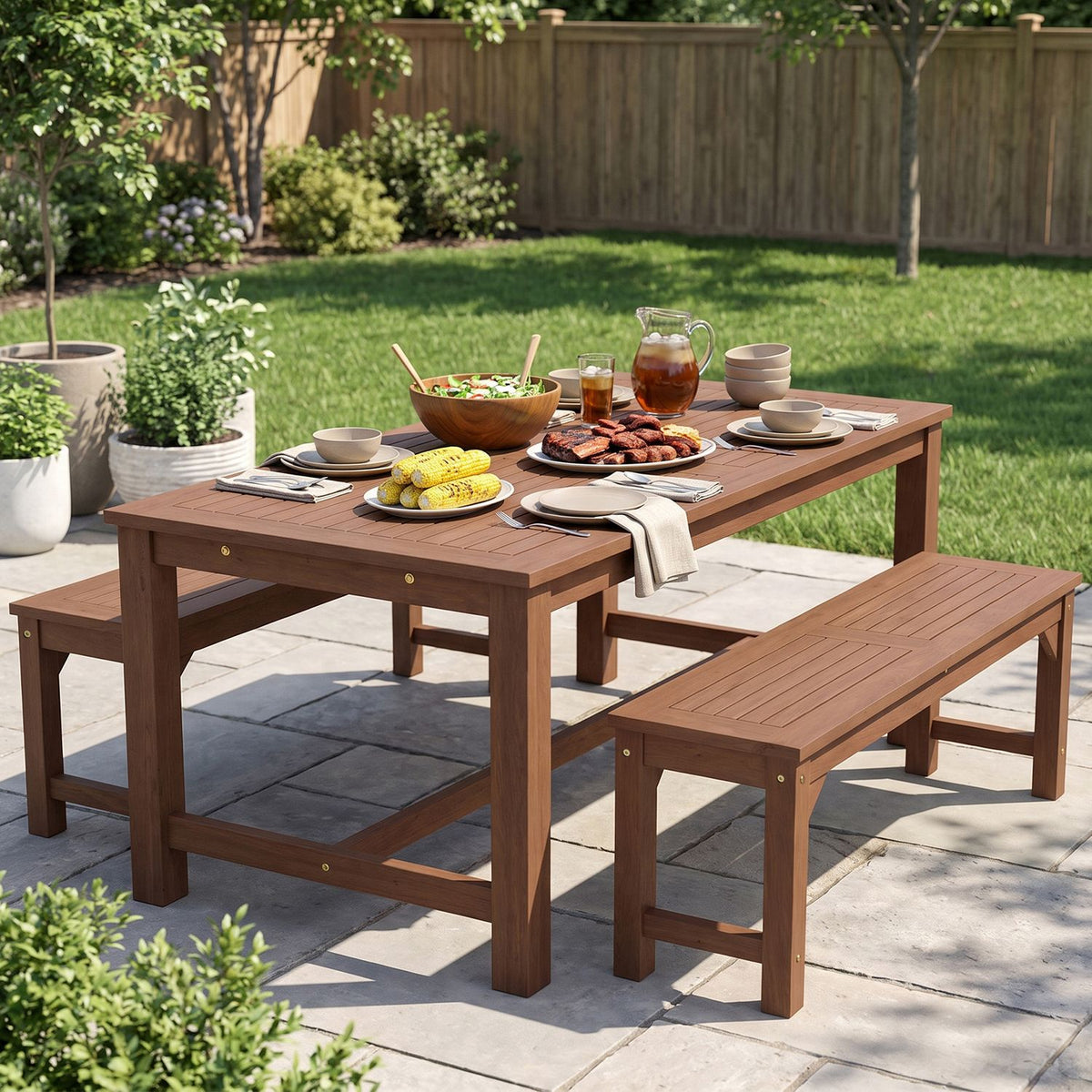 Brown slatted outdoor benches arranged around a dining table on a paved garden patio.