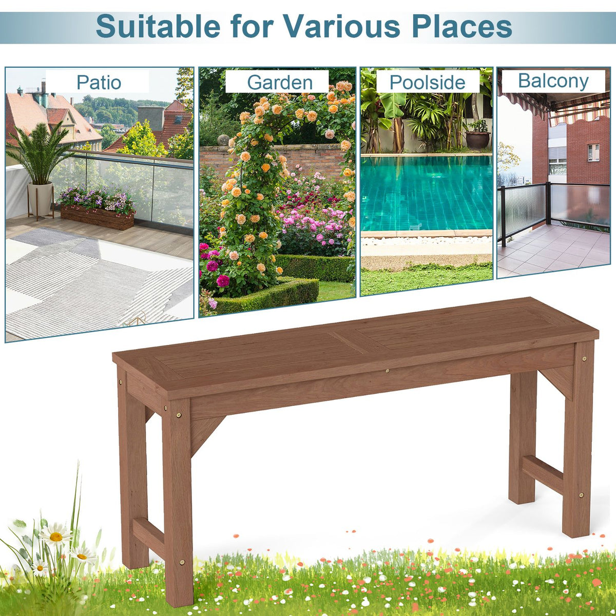 A brown slatted backless bench shown beneath a strip of patio, garden, poolside, and balcony scenes.
