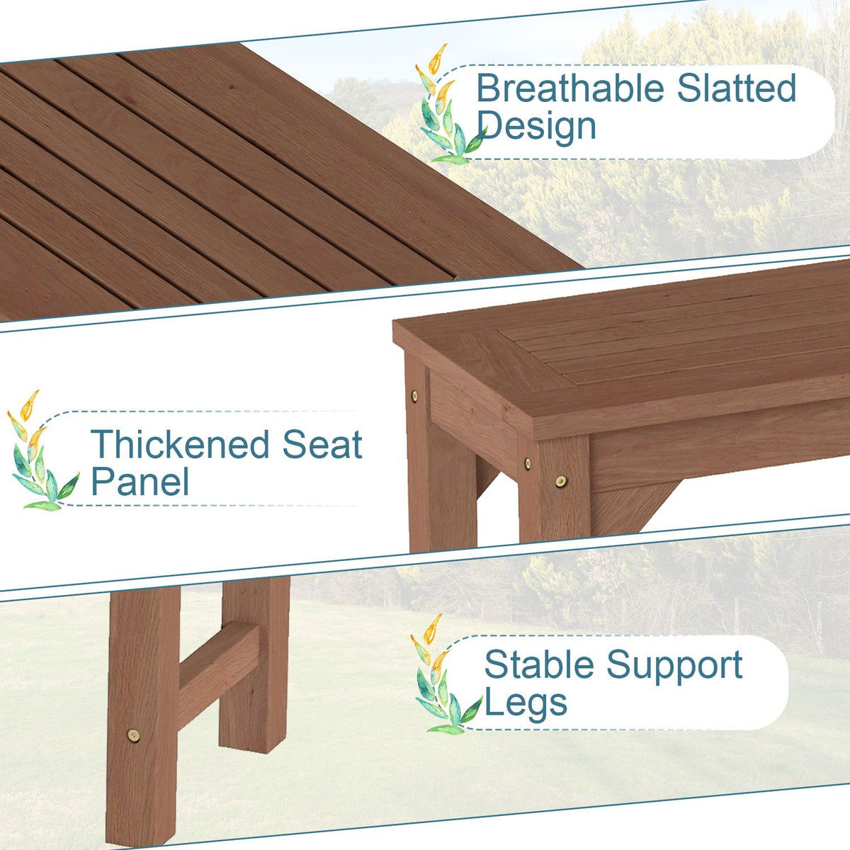 Close-up views show the bench’s slatted seat, thickened panel, and supporting legs.