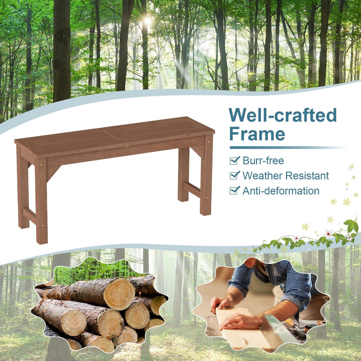 The brown backless bench is pictured beside inset scenes of cut logs and a person working with wood.