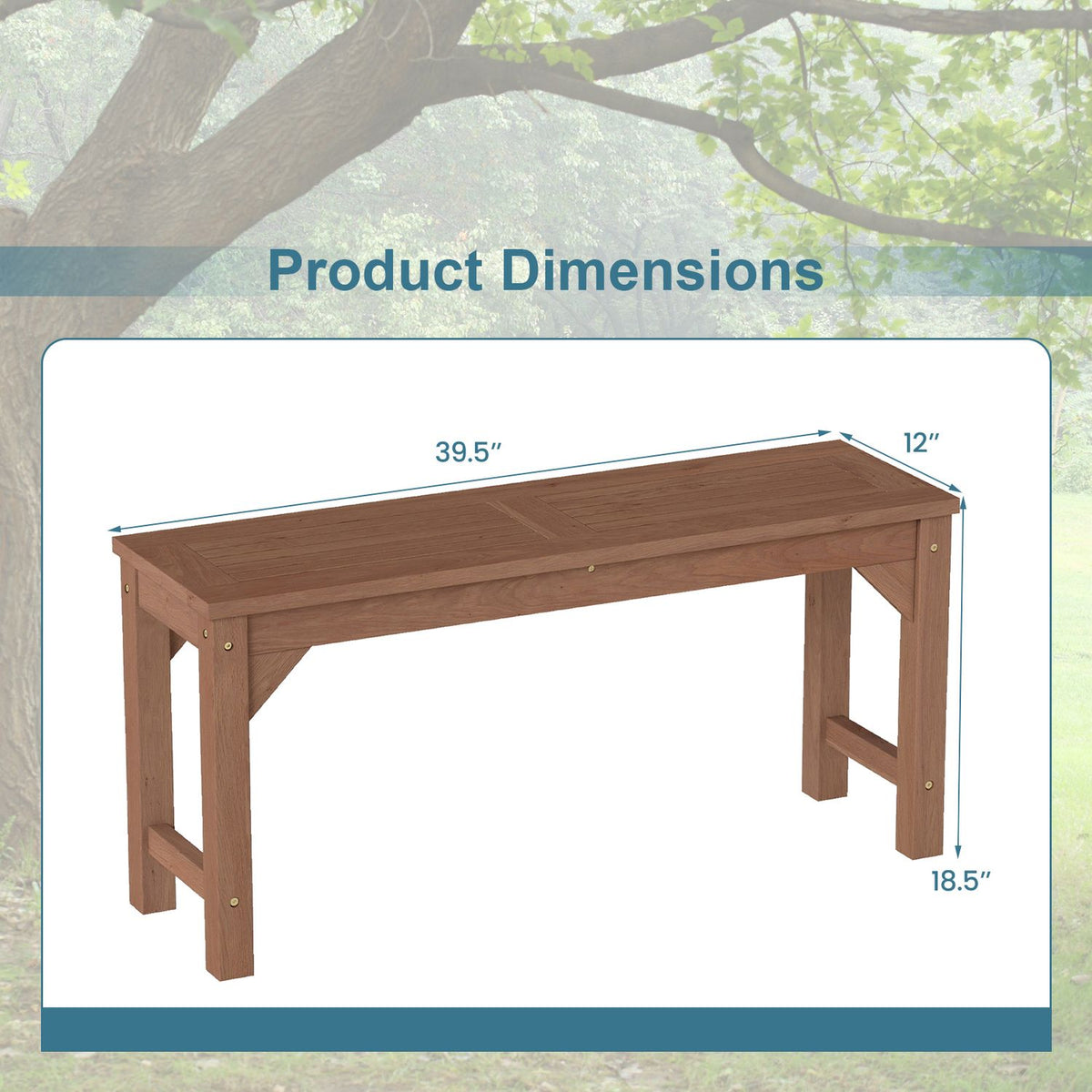 Bench shown with measurement arrows against a leafy background.