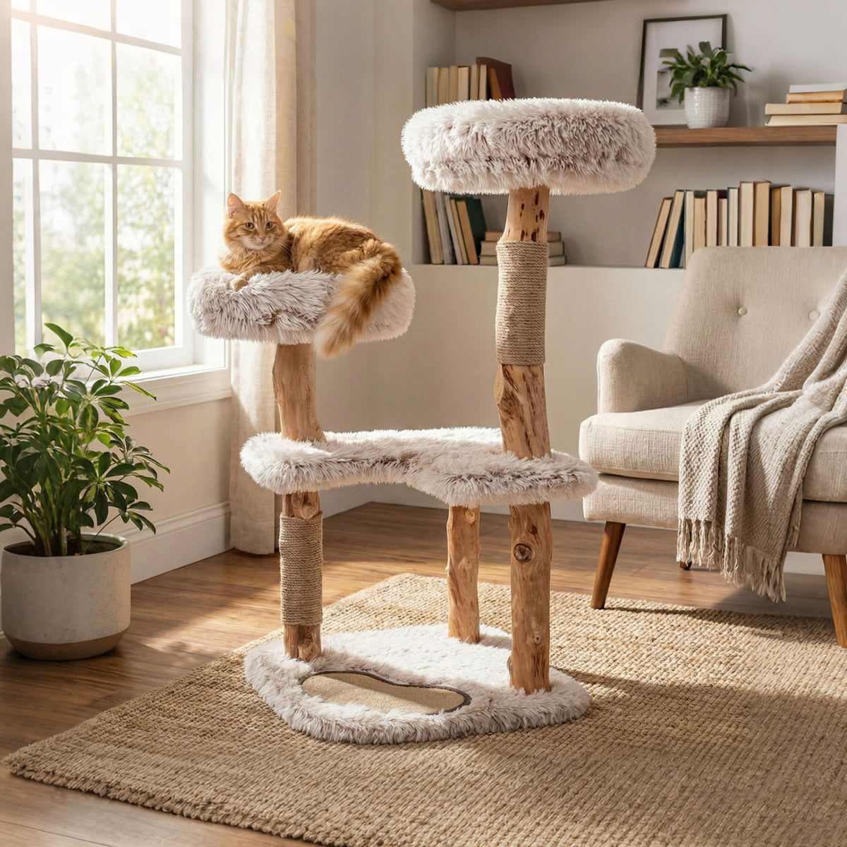 A ginger cat lounges on one perch of a fluffy cat tree beside a bright living room window.