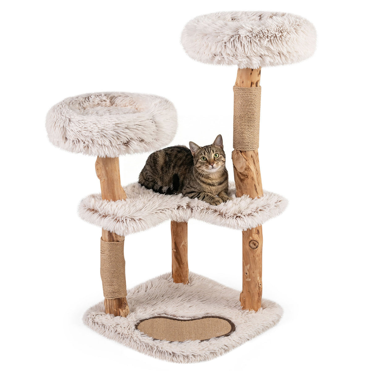 A tabby cat sits on the middle platform of a fluffy cat tree against a plain white background.