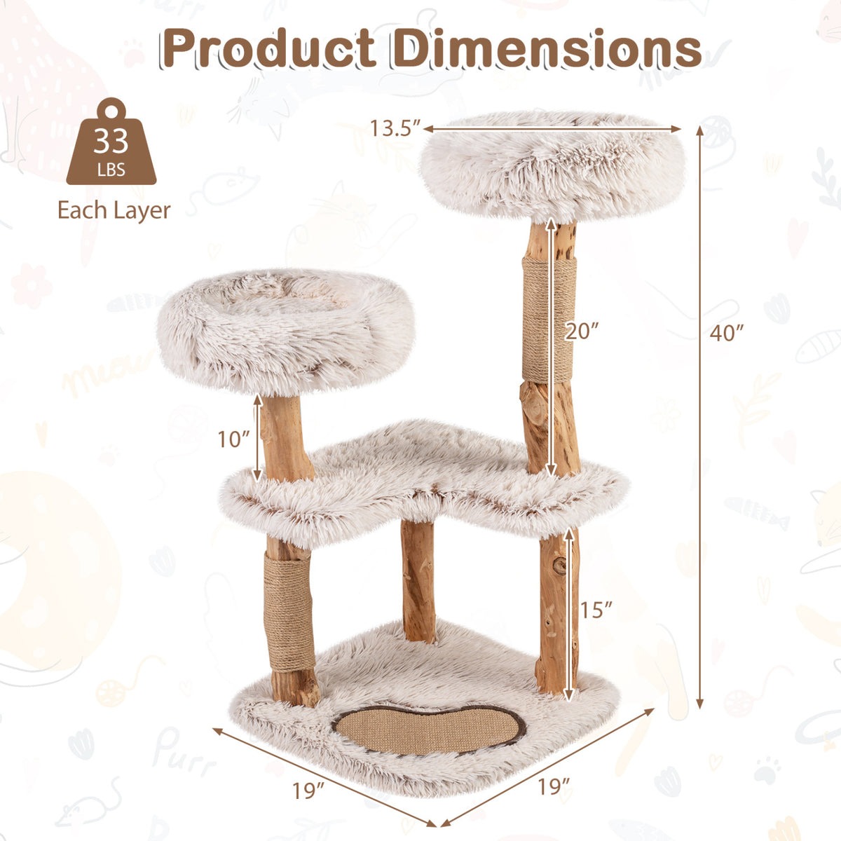 A plush cat tree with two round top beds, a central platform, and a padded base shown with measurement arrows.