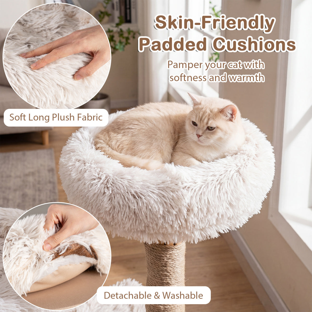 A cream cat sits in a fluffy round perch, with inset close-ups of the plush fabric and cushion.