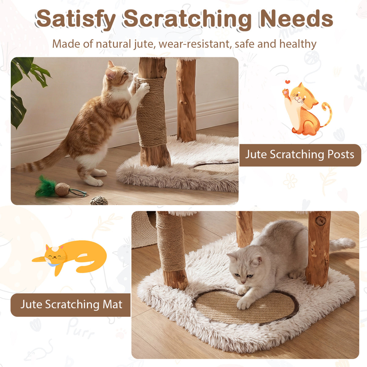 Cats scratch a rope-wrapped post and lounge on a padded base with a woven scratching patch.