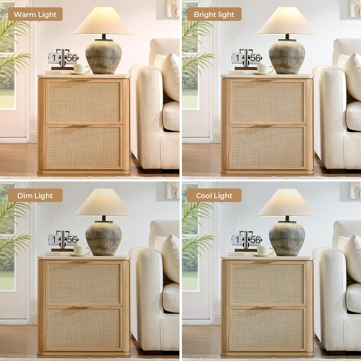 Four-tile comparison of the same nightstand under warm, bright, dim, and cool lamp lighting next to a sofa.