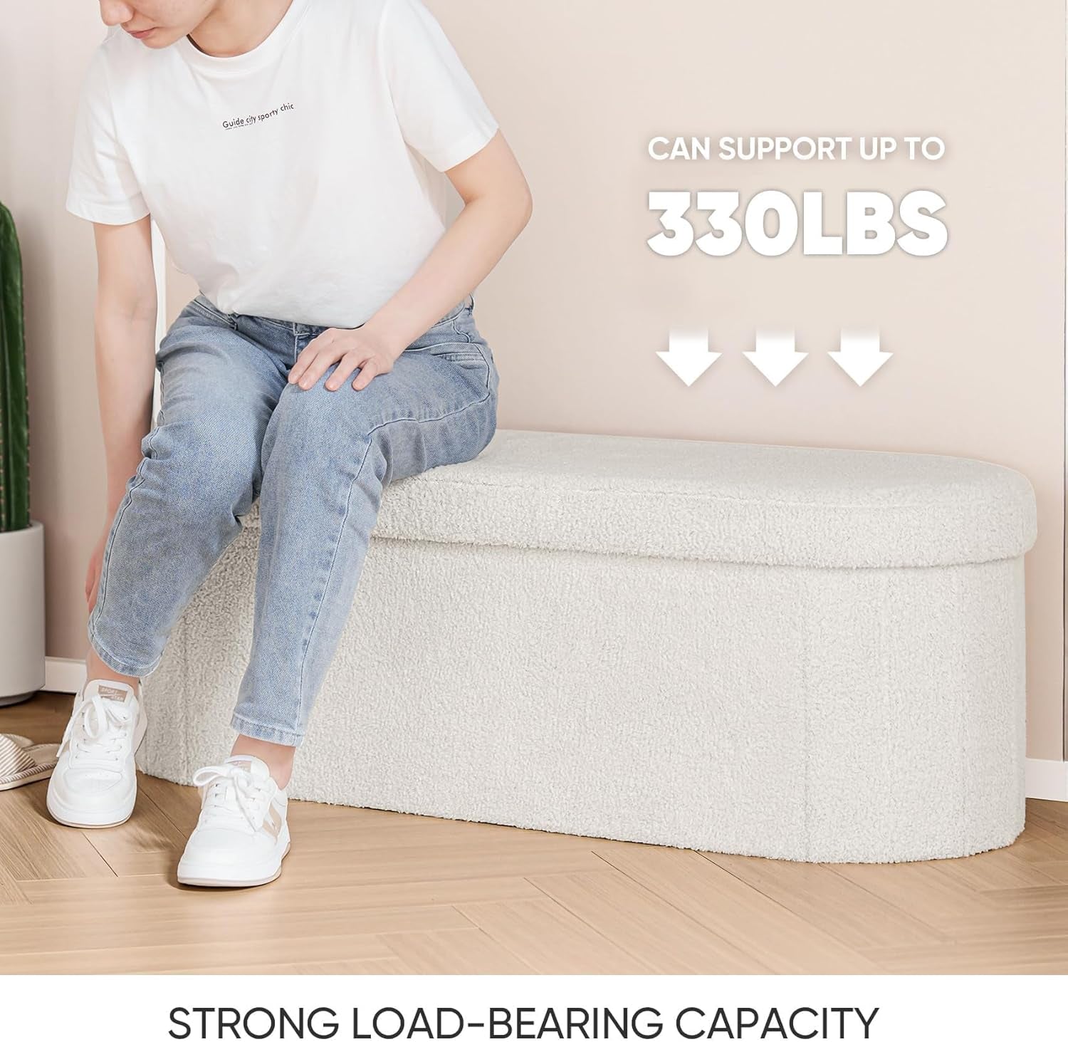 Person sitting on the ottoman demonstrating load-bearing capacity in a room setting