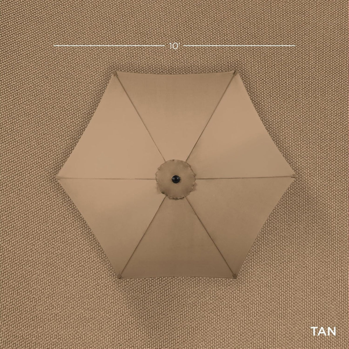 Top-down view of a tan umbrella canopy placed on a textured background with a measurement graphic above.