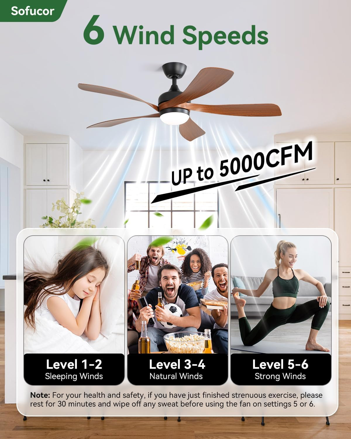 Ceiling fan in a kitchen setting with airflow graphics and a callout stating up to 5000 CFM and six wind speed levels