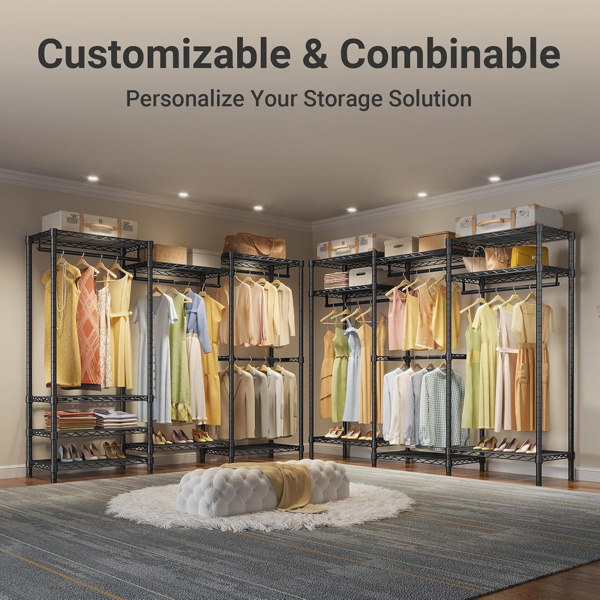 Styled walk-in closet scene with multiple black metal shelving units holding clothes, shoes and boxes.