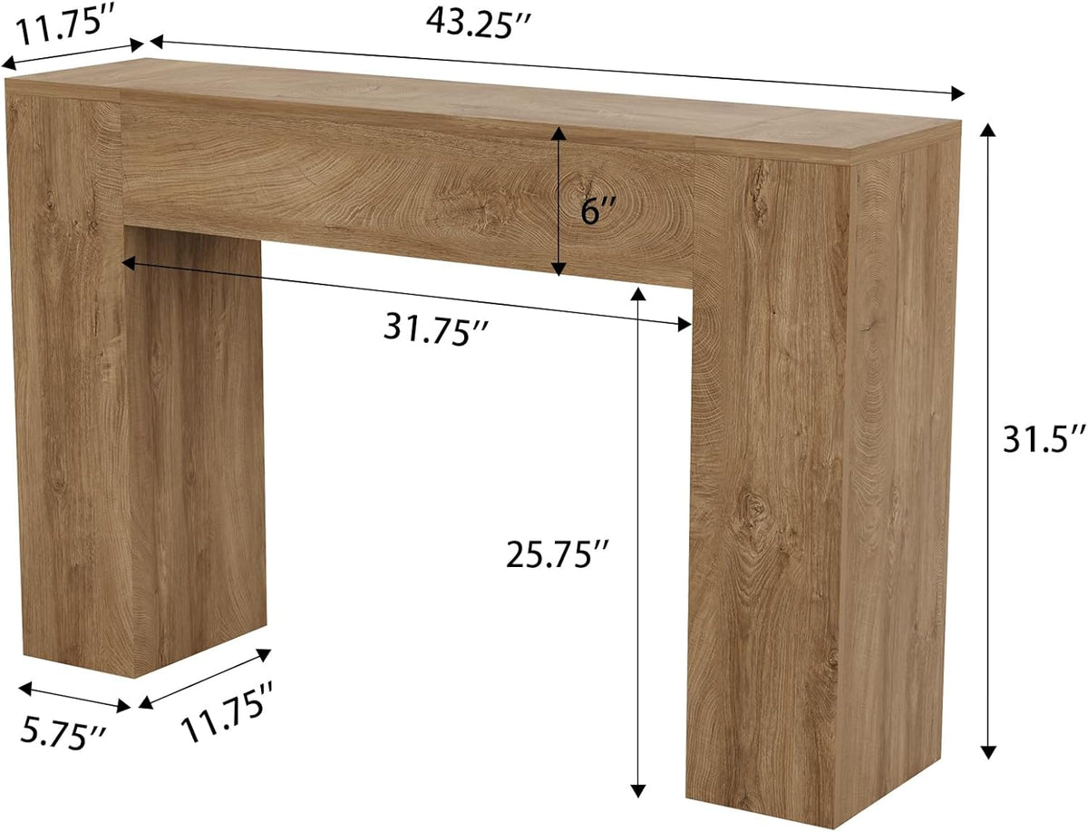 Dimensional diagram of 43-inch console table showing arrows and measurement callouts on a light oak finish