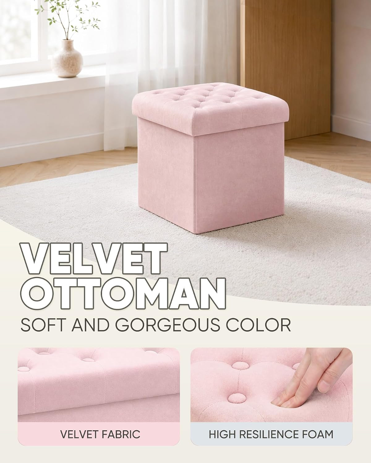 Pink tufted velvet ottoman on a rug in a bright room showing full product